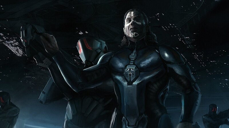 cyborg soldier in dark corridor
