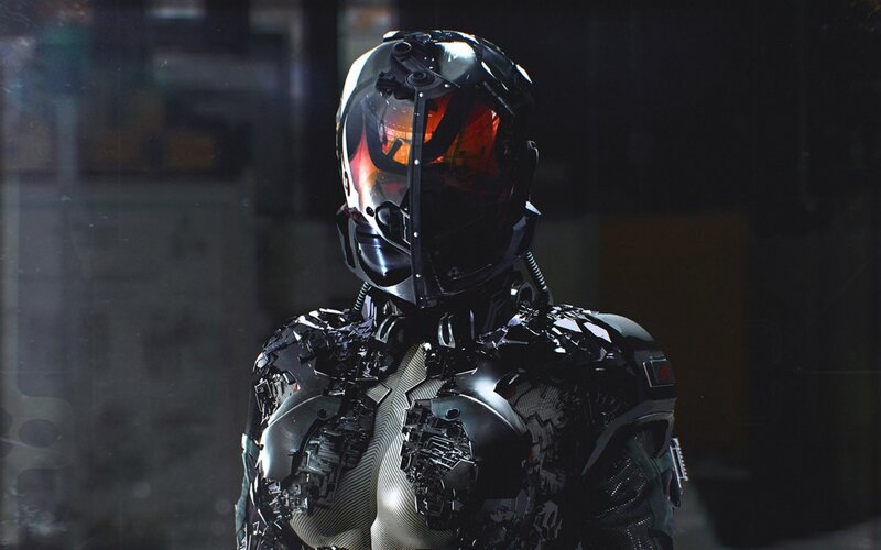 cyborg soldier in dark environment