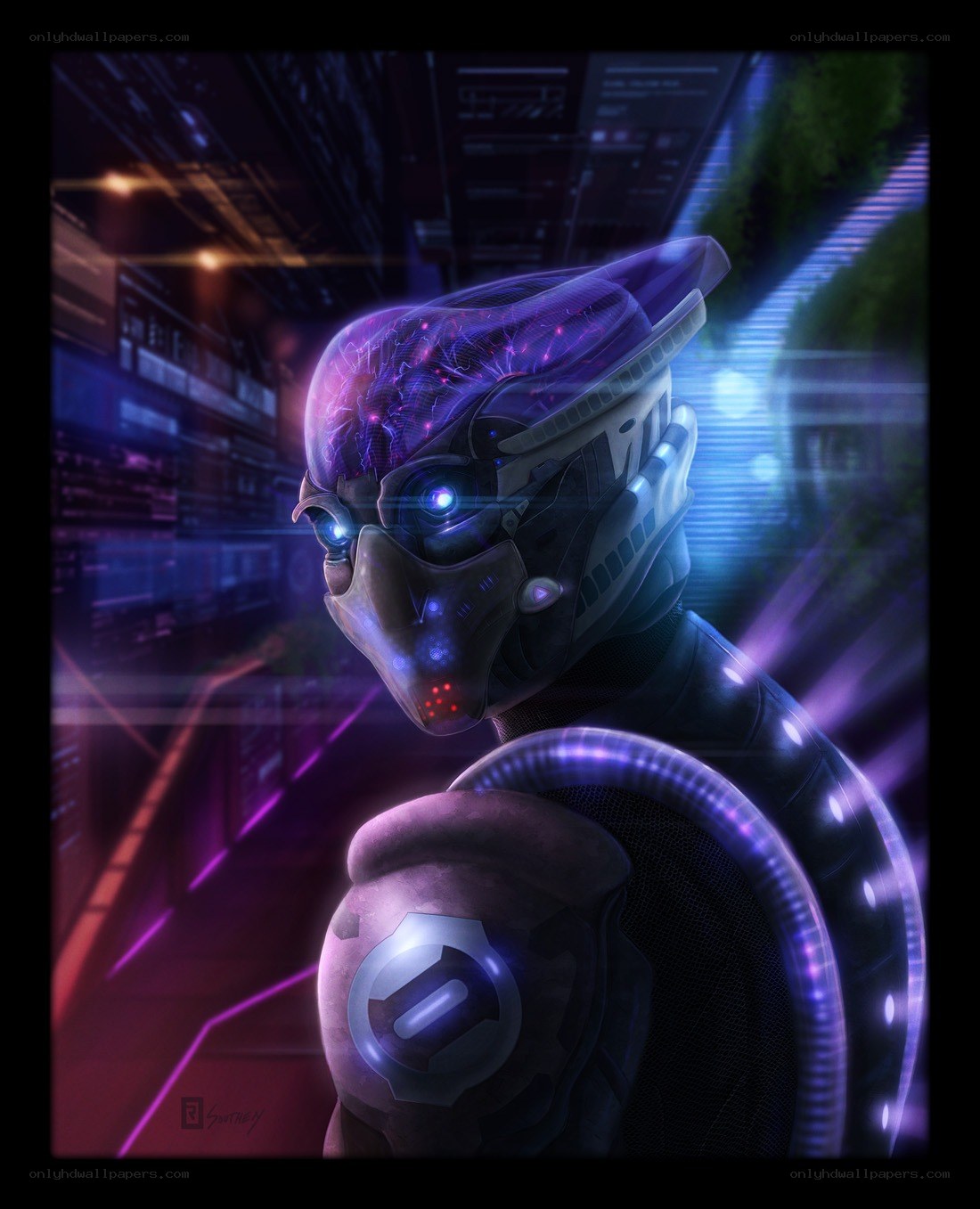 cyborg soldier in neon corridor
