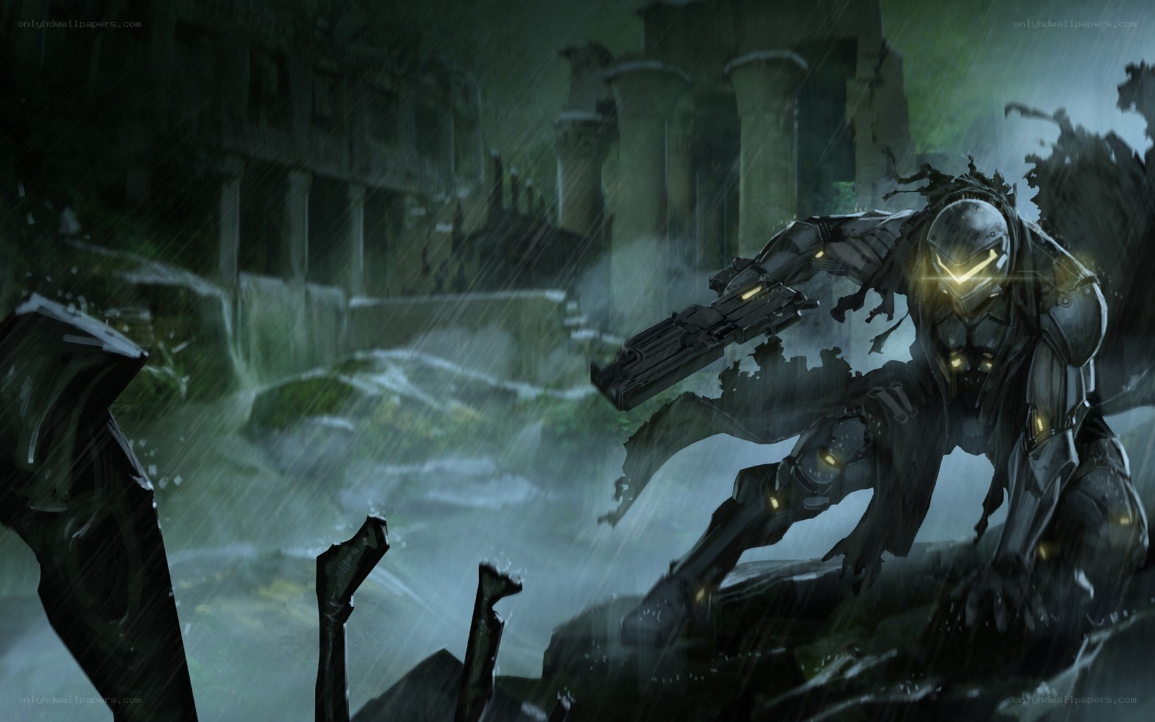 cyborg soldier in rain