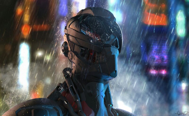 Cyborg Soldier in Rain — Black, Dramatic