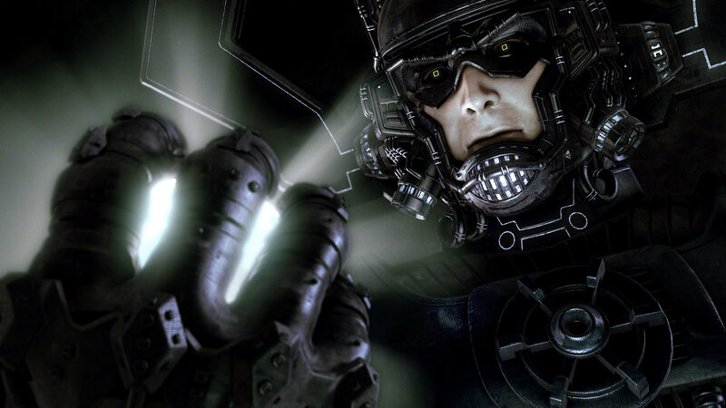 cyborg soldier with glowing hand