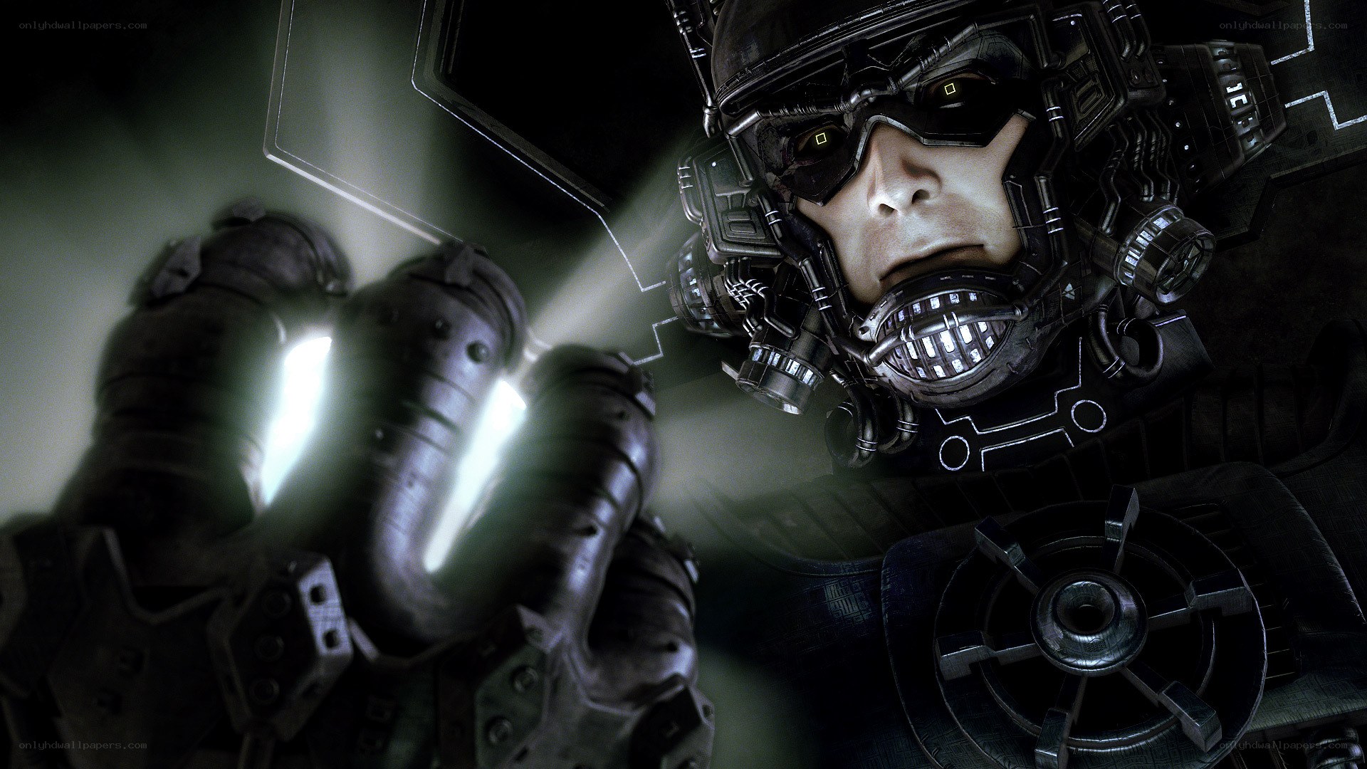 cyborg soldier with glowing hand