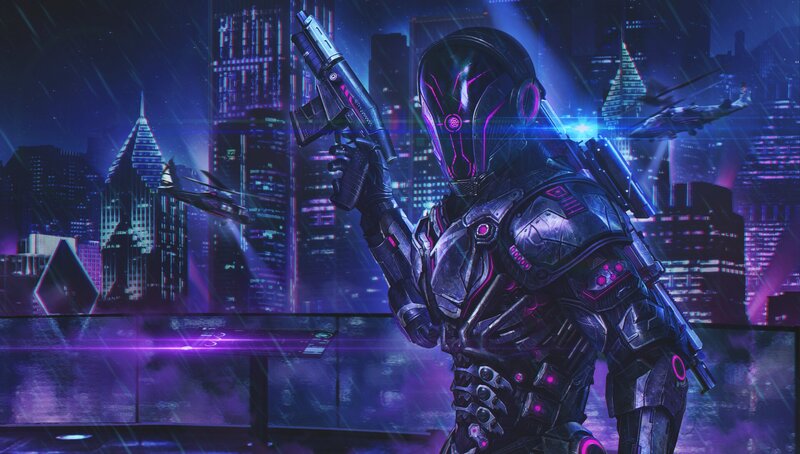 Cyborg Soldier with Gun — Purple, Dramatic, Night