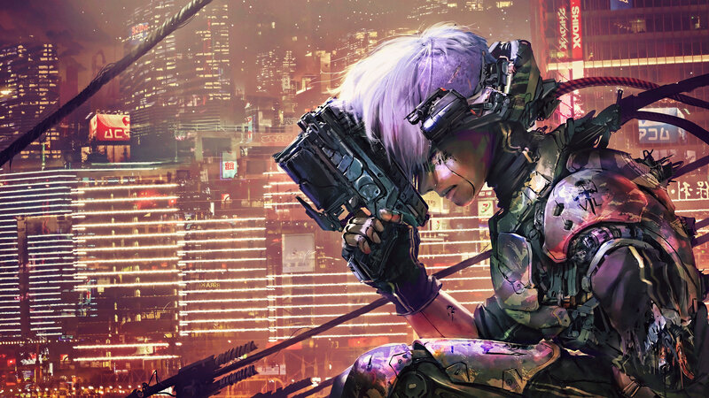 Cyborg Soldier with Gun — Purple, Dramatic