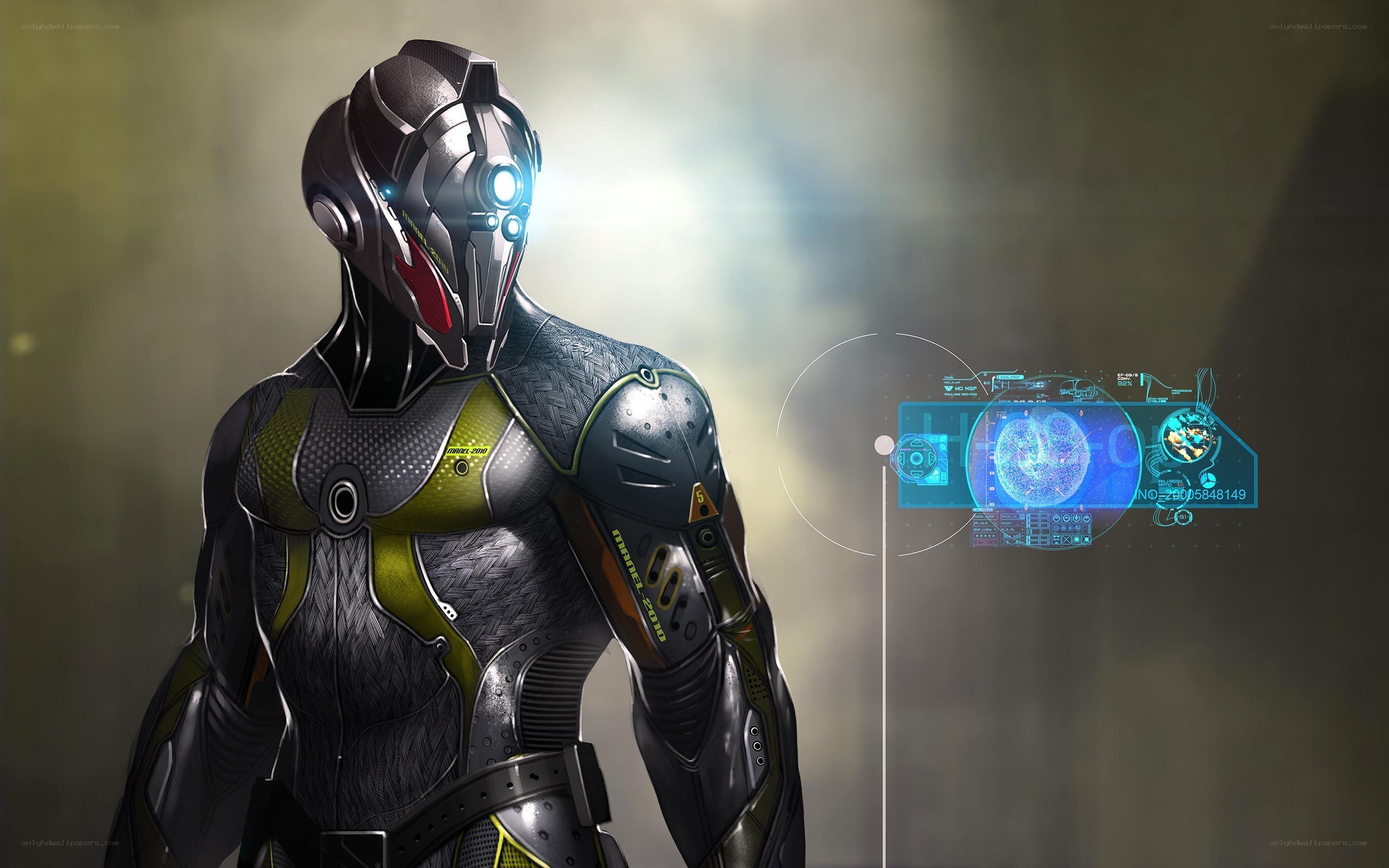 cyborg soldier with holographic display