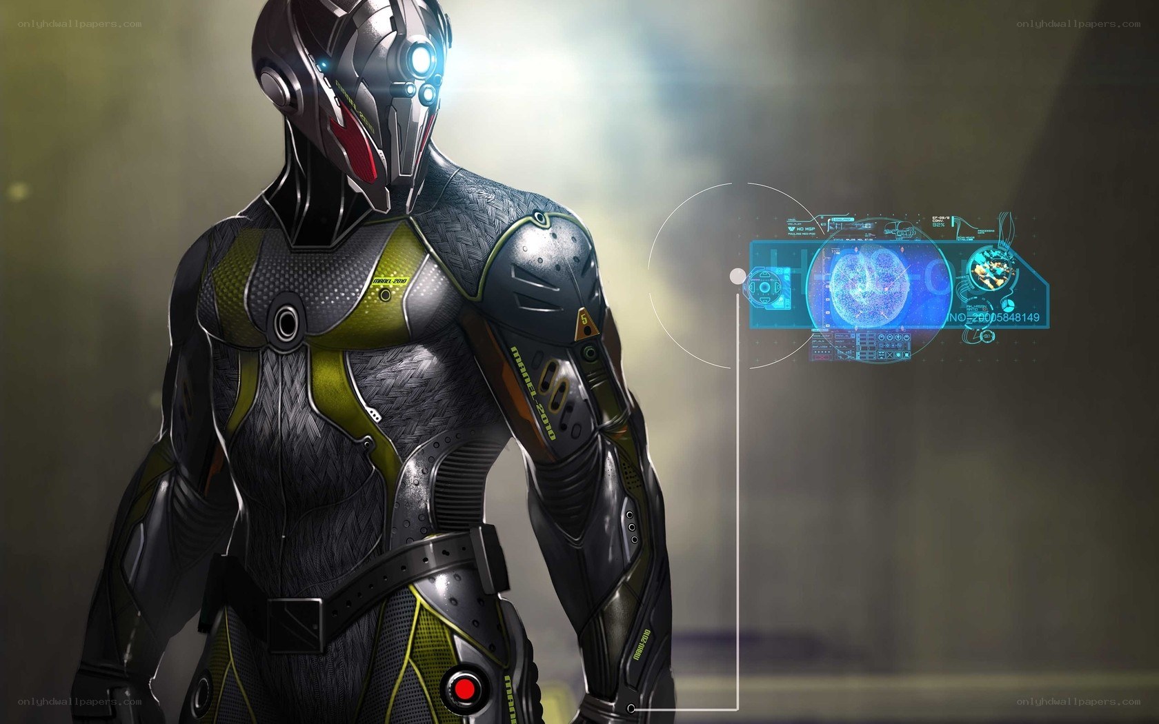 cyborg soldier with holographic interface