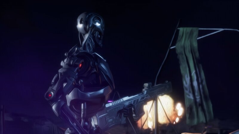 Cyborg Soldier with Rifle — Black, Dramatic, Night