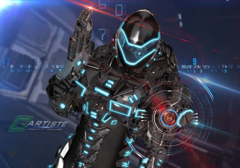 Cyborg Soldier with Weapon — Black, Dramatic, 3d Render