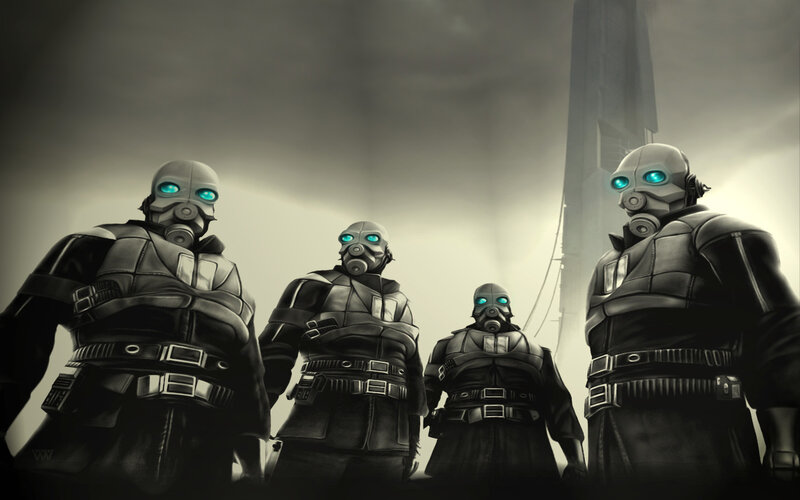 cyborg soldiers in gas masks