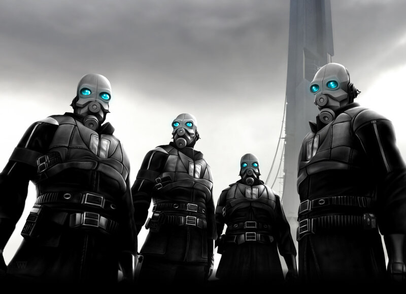 cyborg soldiers in gas masks