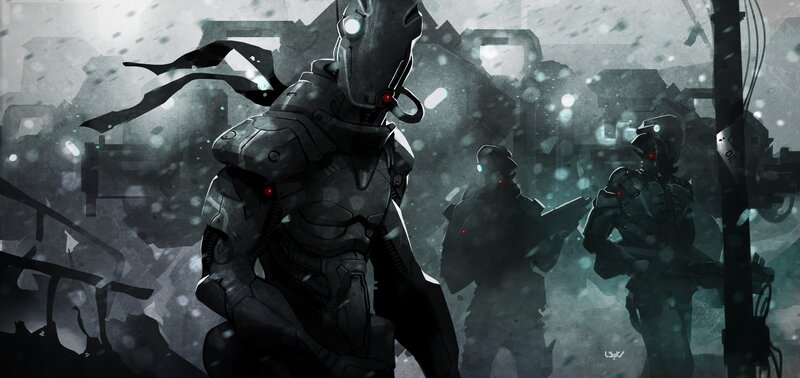 cyborg soldiers in snowy ruins