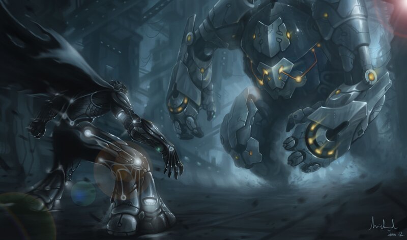cyborg warrior confronts giant robot