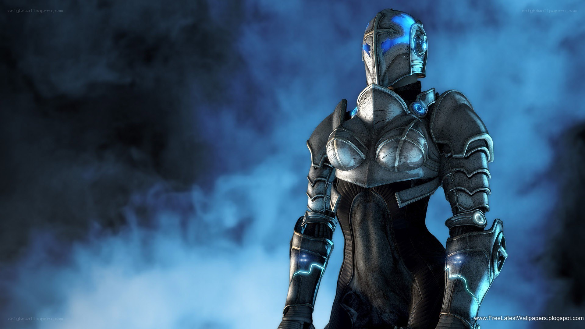 cyborg warrior in blue mist