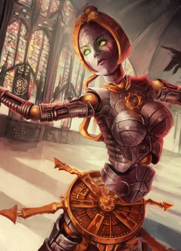 cyborg warrior in cathedral