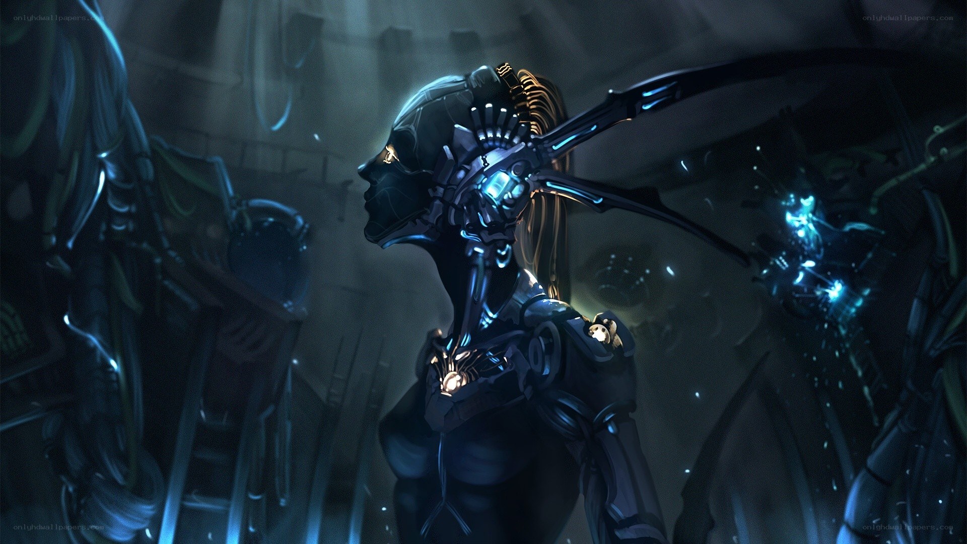 cyborg warrior in dark chamber
