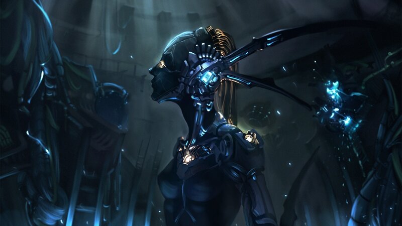 cyborg warrior in dark chamber