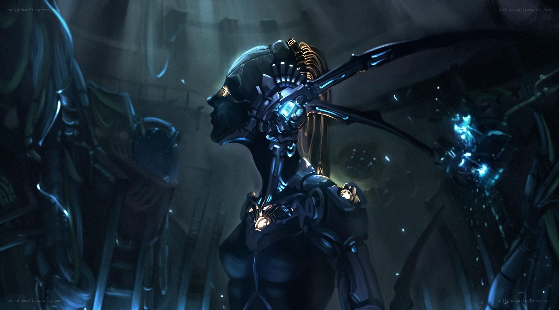 cyborg warrior in dark chamber