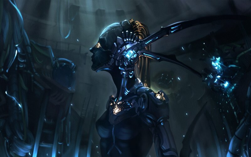 cyborg warrior in dark corridor