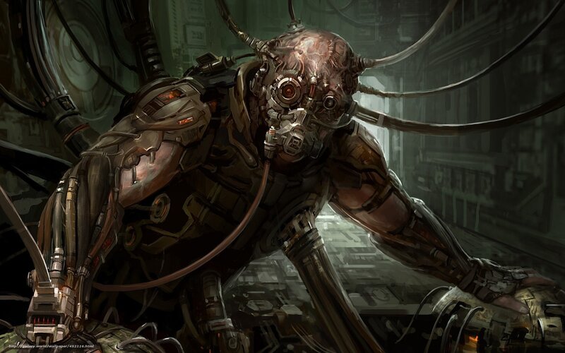 cyborg warrior in industrial setting