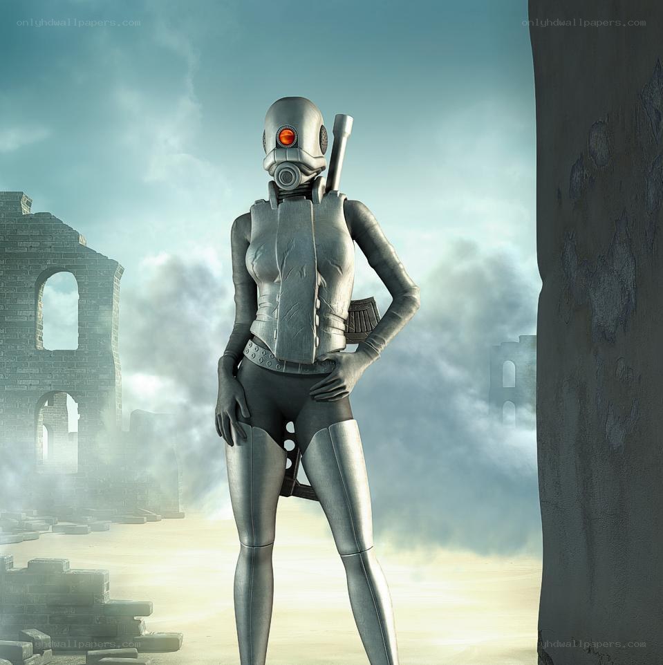 cyborg warrior in ruins