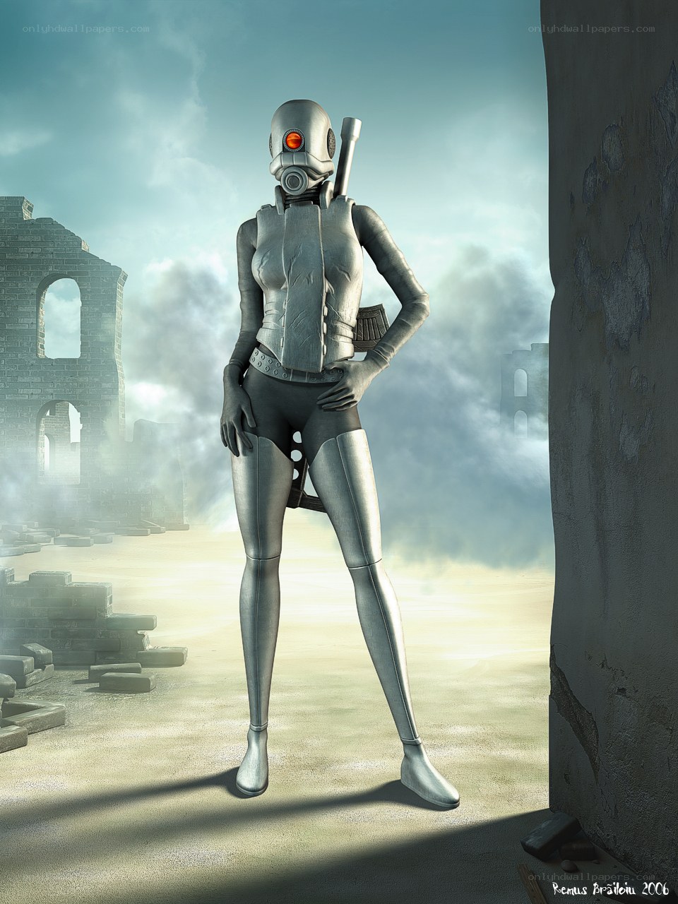 cyborg warrior in ruins