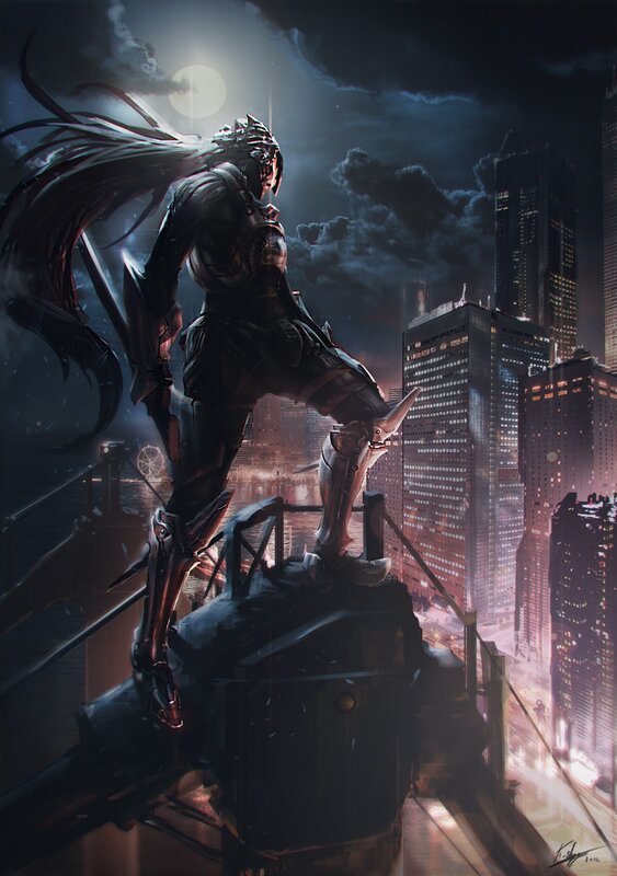 Cyborg Warrior on Rooftop — Black