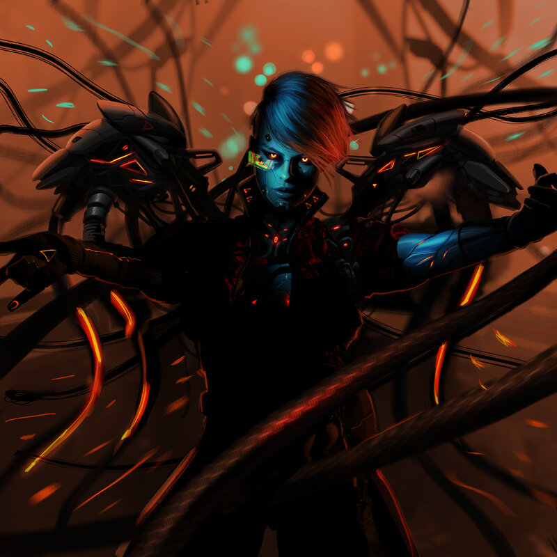 Cyborg Warrior with Glowing Eyes — Orange