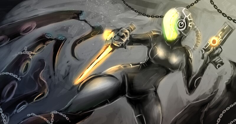 cyborg warrior with glowing weapons