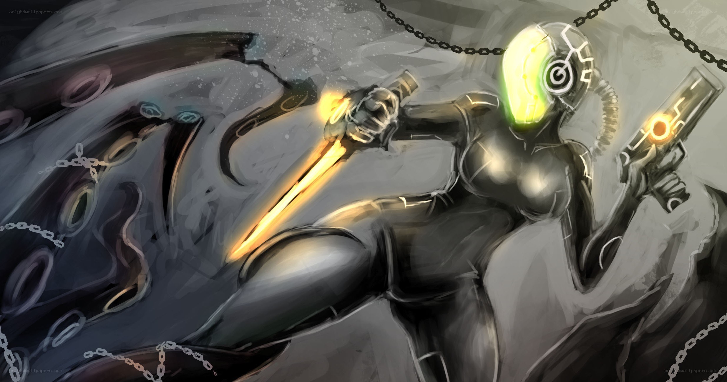 cyborg warrior with glowing weapons