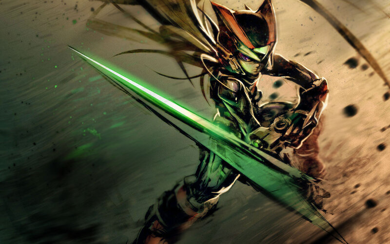 cyborg warrior with green sword