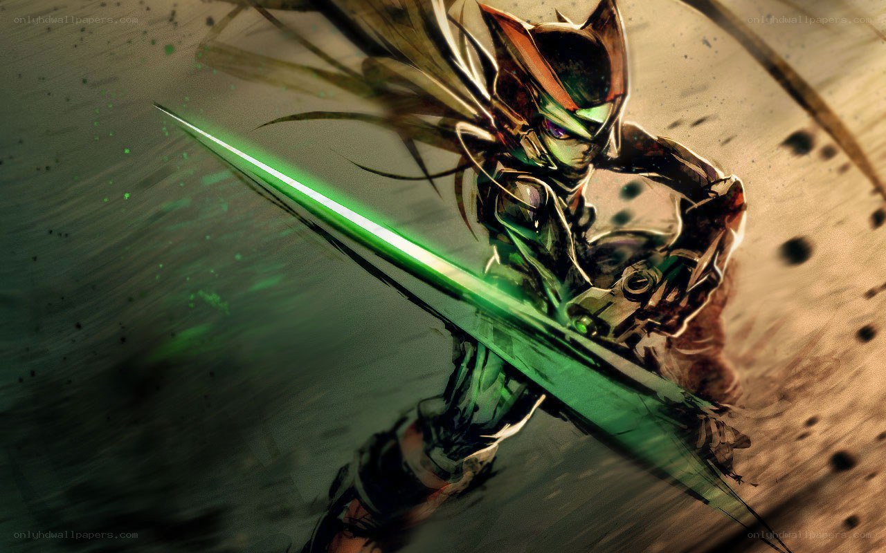 cyborg warrior with green sword
