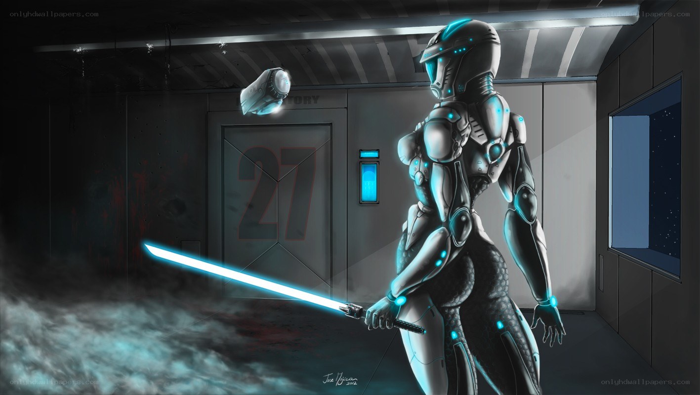 cyborg warrior with lightsaber