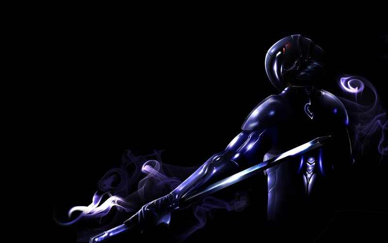 Cyborg Warrior with Sword — Black, Dramatic, Night, Digital Art, Smoke, Helmet
