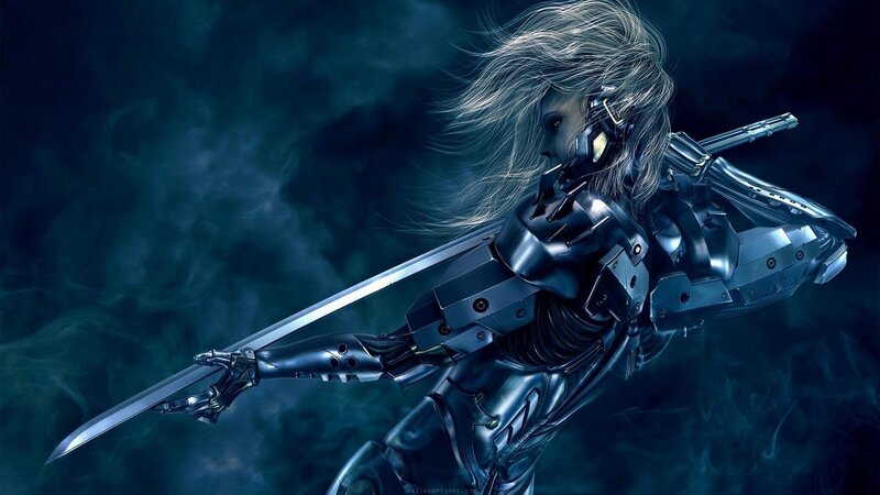 Cyborg Warrior with Sword — Blue, Dramatic, Night, Digital Art, Armor, Hair, Black