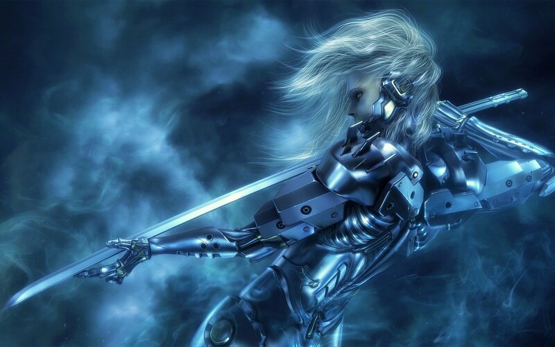 Cyborg Warrior with Sword — Blue, Dramatic, Night, Digital Art, Armor, Hair