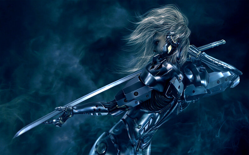Cyborg Warrior with Sword — Blue, Dramatic, Night, Digital Art, Armor, Smoke