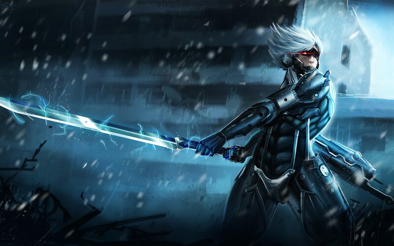 Cyborg Warrior with Sword — Blue, Dramatic, Night, Digital Art, Snow