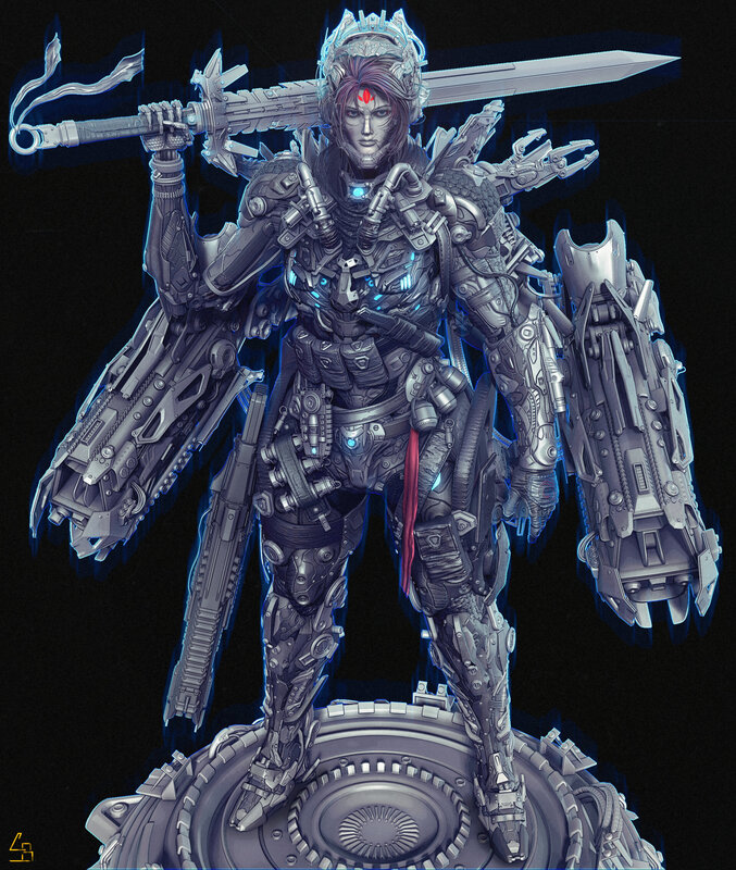 Cyborg Warrior with Sword — Gray, Dramatic, Digital Art, Armor