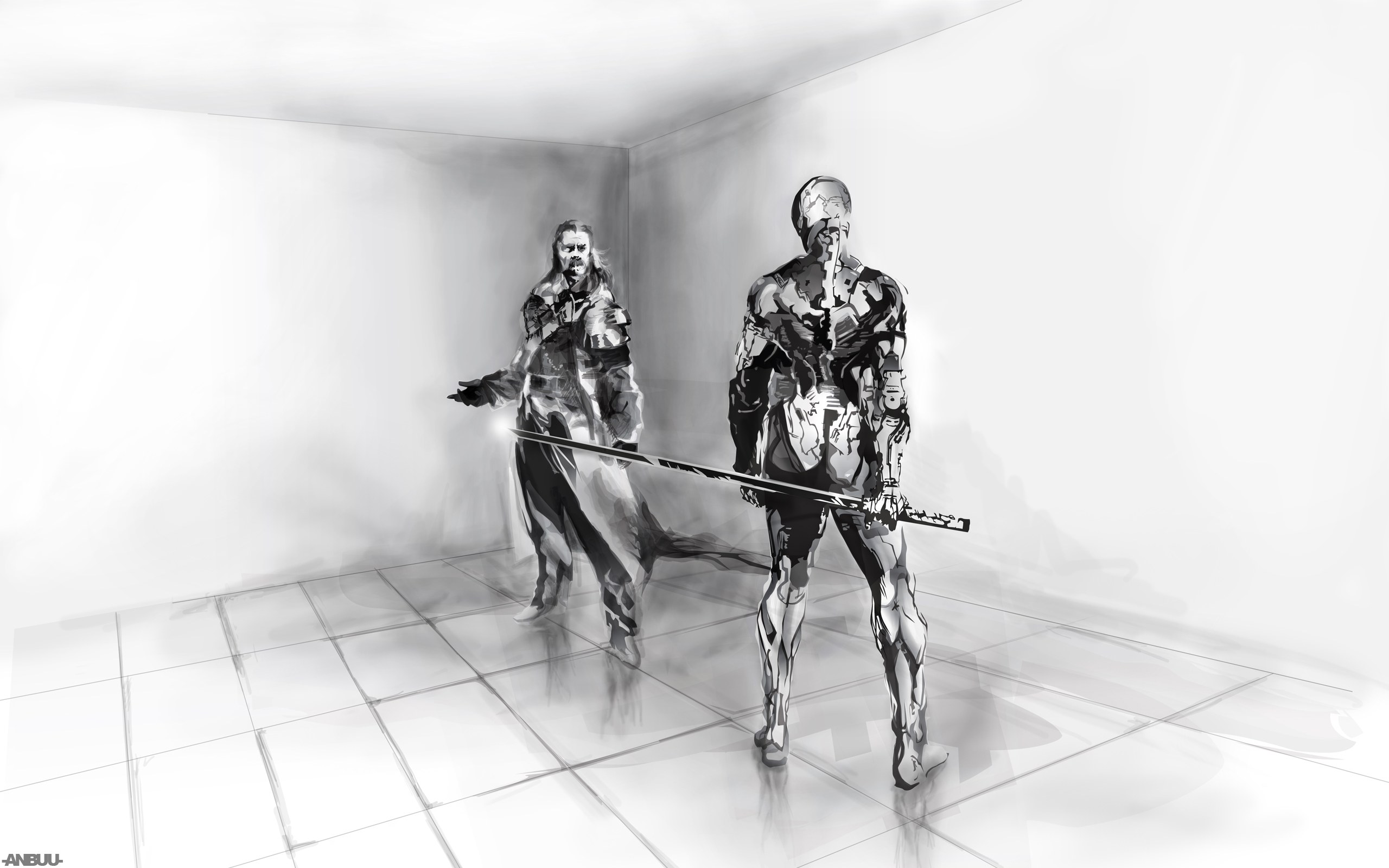cyborg warriors in white room
