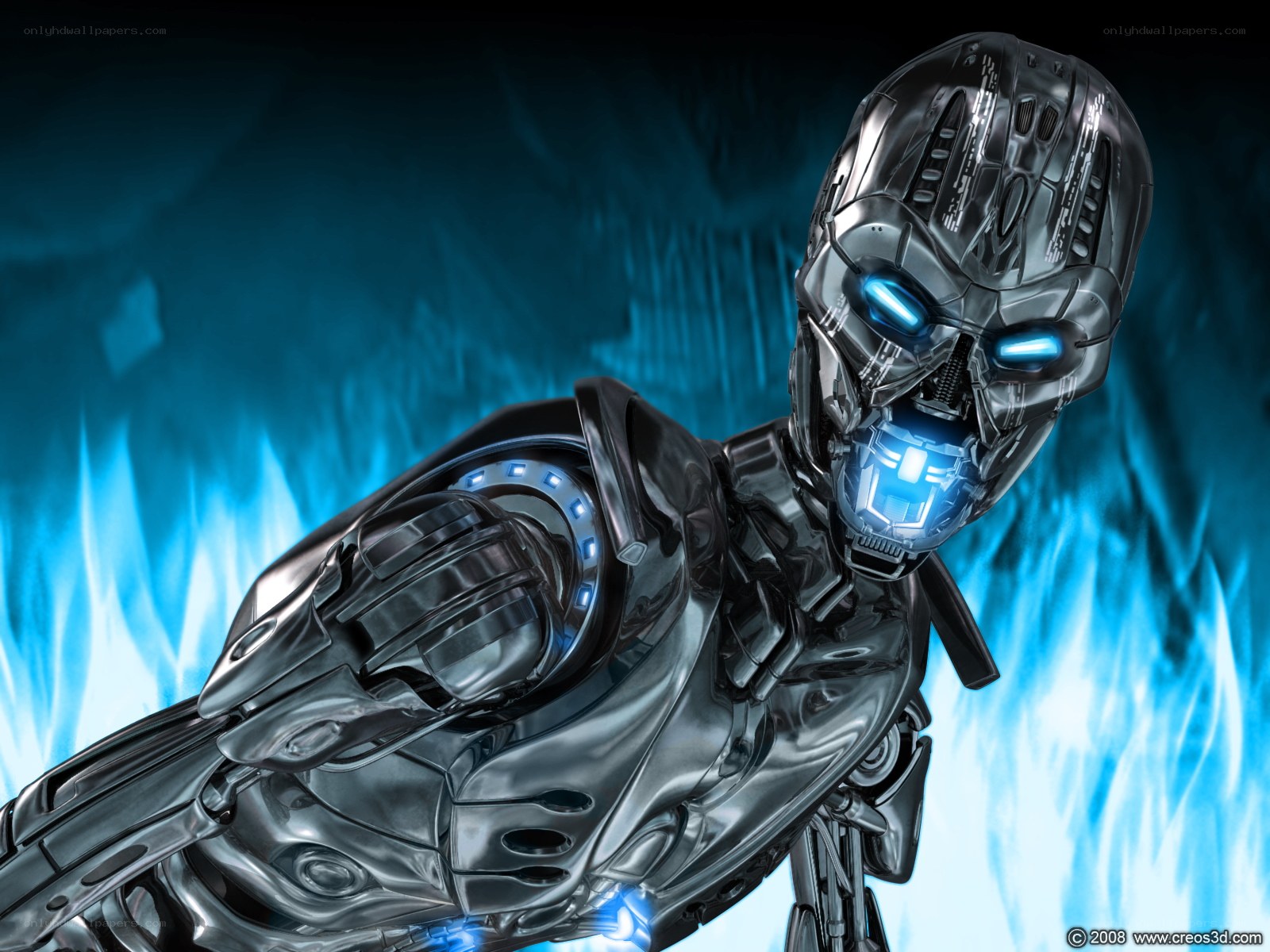 cyborg with glowing blue lights