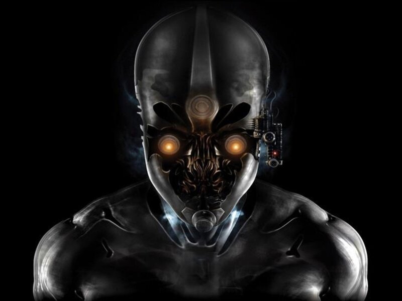 cyborg with glowing eyes