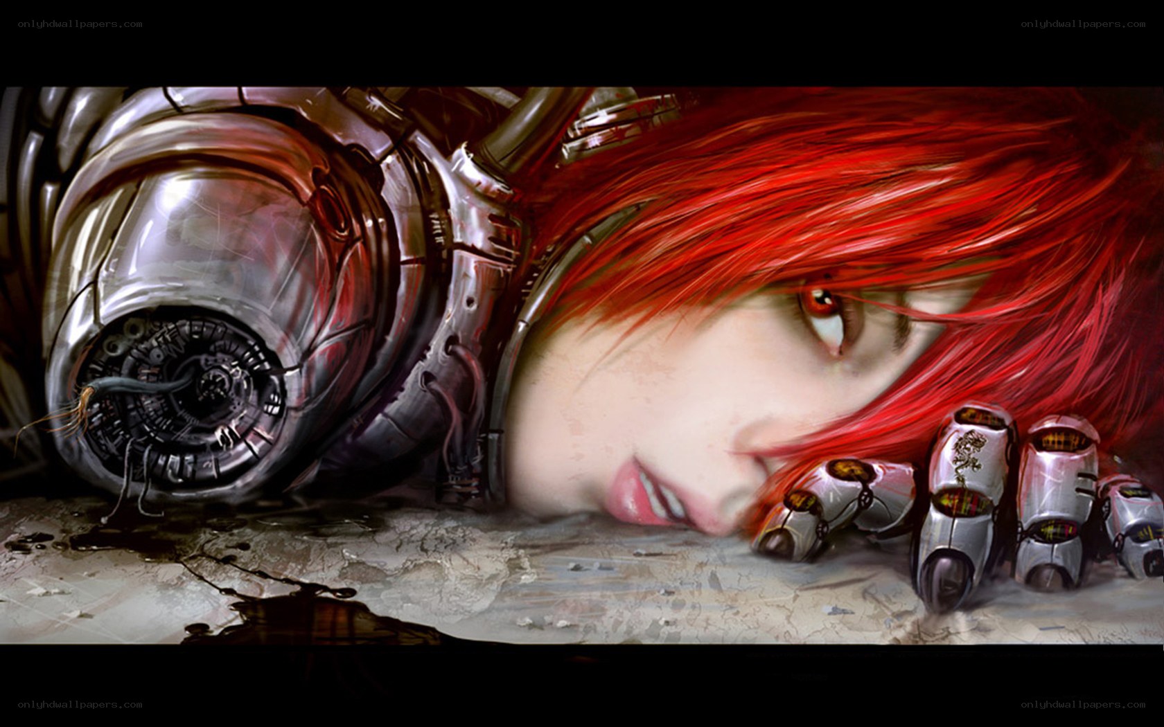 cyborg with red hair lying down