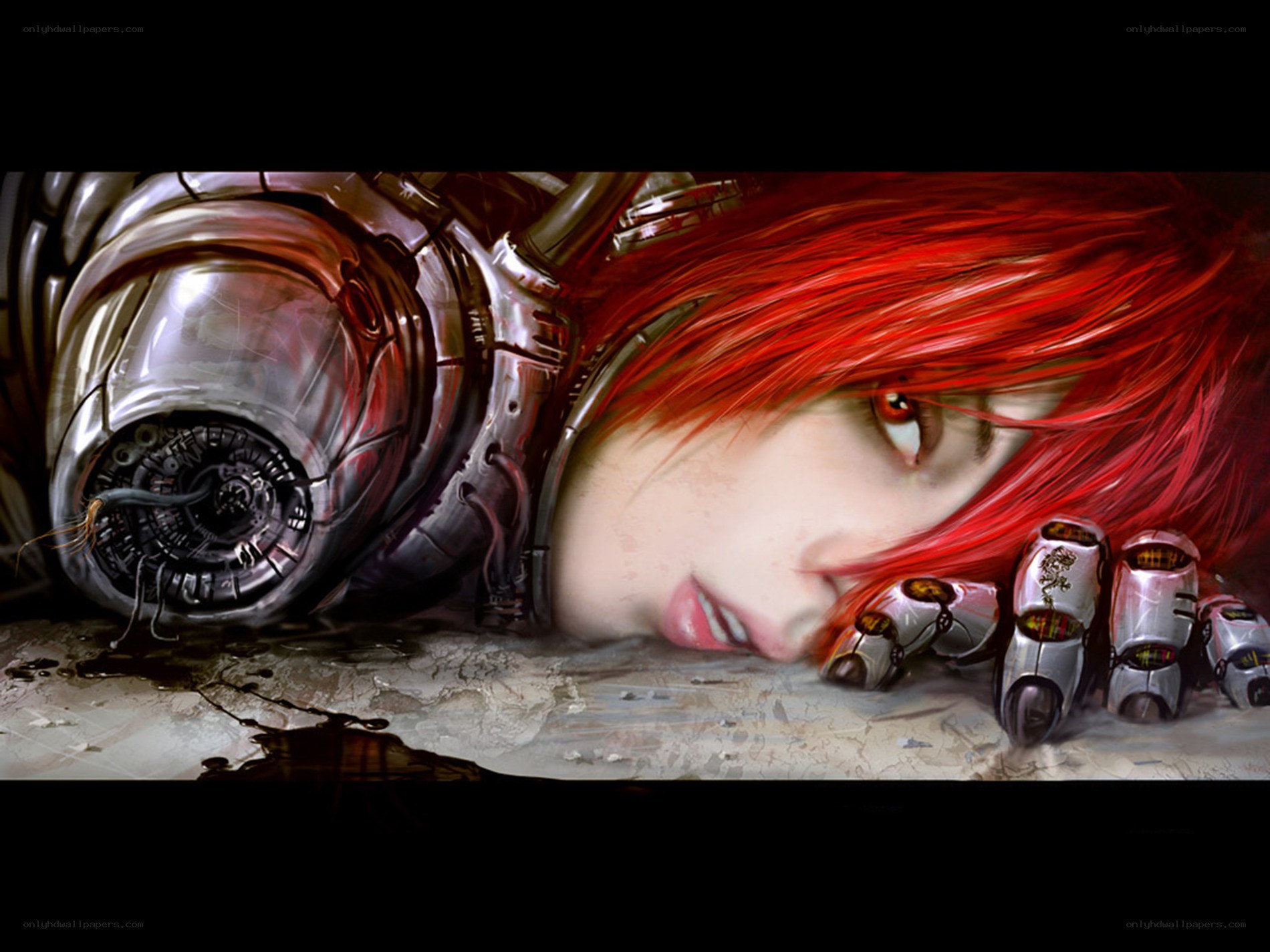 cyborg with red hair lying down