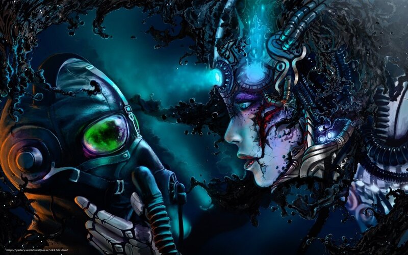 Cyborg Woman and Robot — Blue, Dramatic
