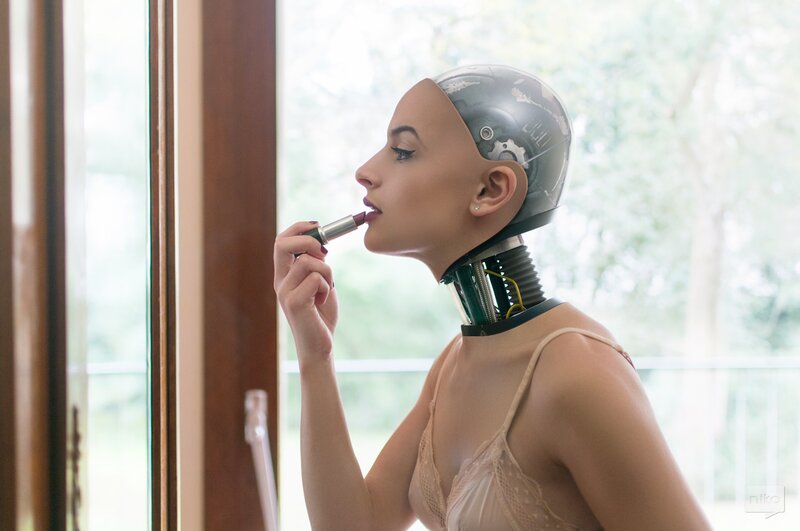 Cyborg Woman Applying Lipstick