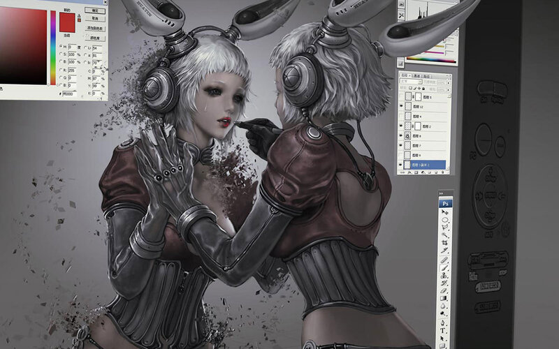 Cyborg Woman Applying Makeup