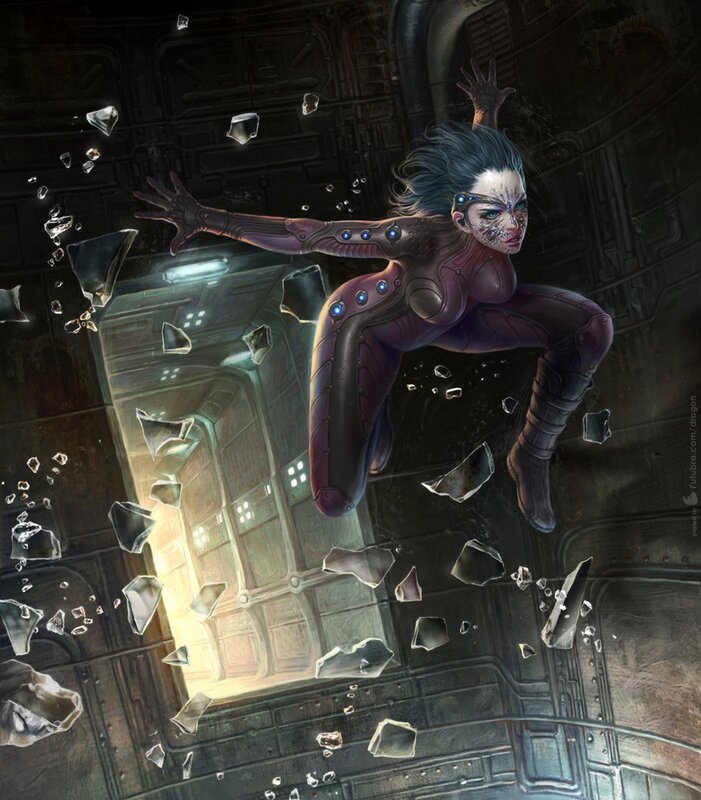cyborg woman breaking through glass