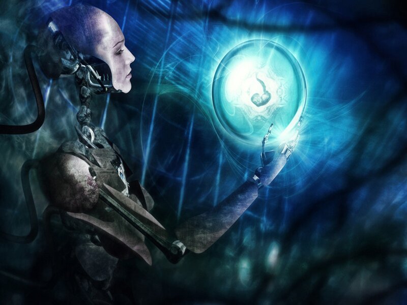 Cyborg Woman Holding Orb — Blue