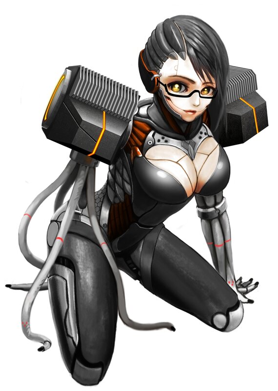 Cyborg Woman in Armor — Black, Dramatic, Digital Art, Glasses